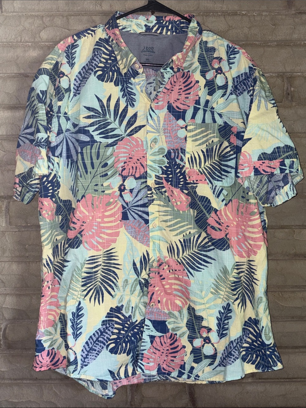 Izod Tropical Leaf Print Short Sleeve Shirt in Pink, Blue & Green